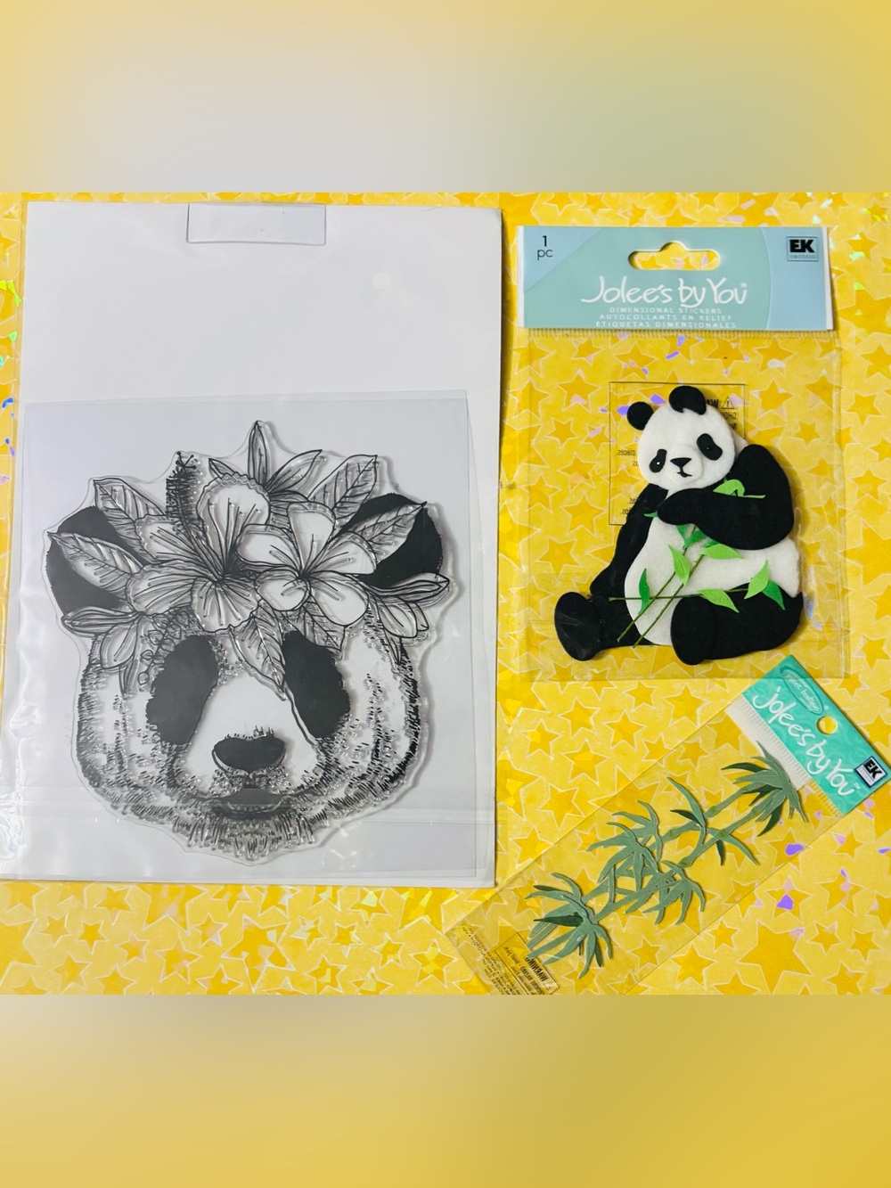 Beautiful LARGE Panda Stamp w/Panda & Bamboo Jolee’s Stickers